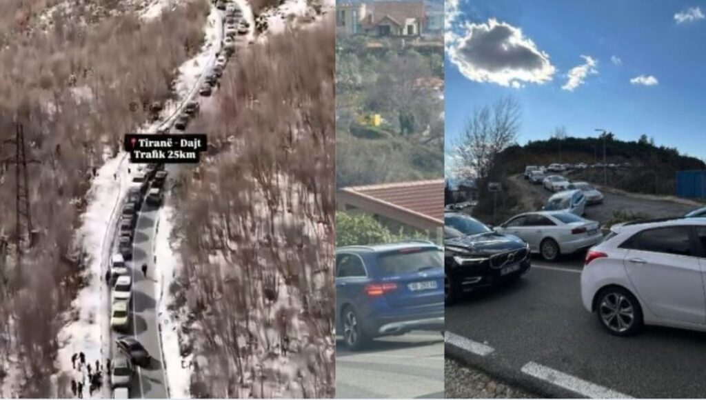 VIDEO/ 25 kilometra trafik, qytetarët “vërshojnë” në Dajtin e zbardhur nga bora, bllokohen për orë të tëra në rrugë