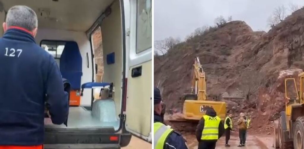 Shembja e masivit të gurëve bllokon ambulancën në Librazhd, i sëmuri transportohet me barelë në këmbë (VIDEO)
