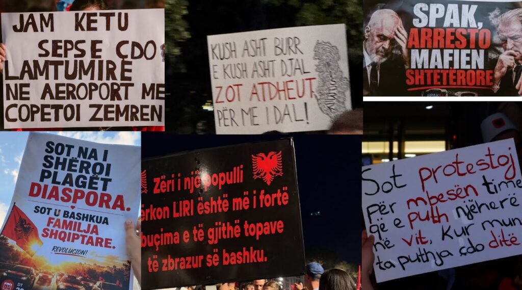 FOTOT/ Protestuesit “pushtuan” mbrëmë Tiranën, pankartat pikante të revoltës: Çdo lamtumirë në aeroport më copëtoi zemrën, Rama ik, Shqipëria s’pret më