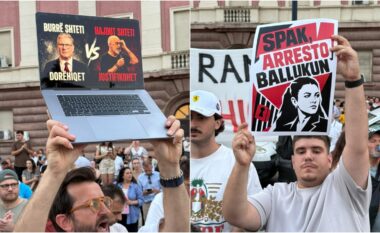 FOTOLAJM/ Mes pankartash ironike në protestën para Kryeministrisë: “SPAK, arresto Ballukun!”